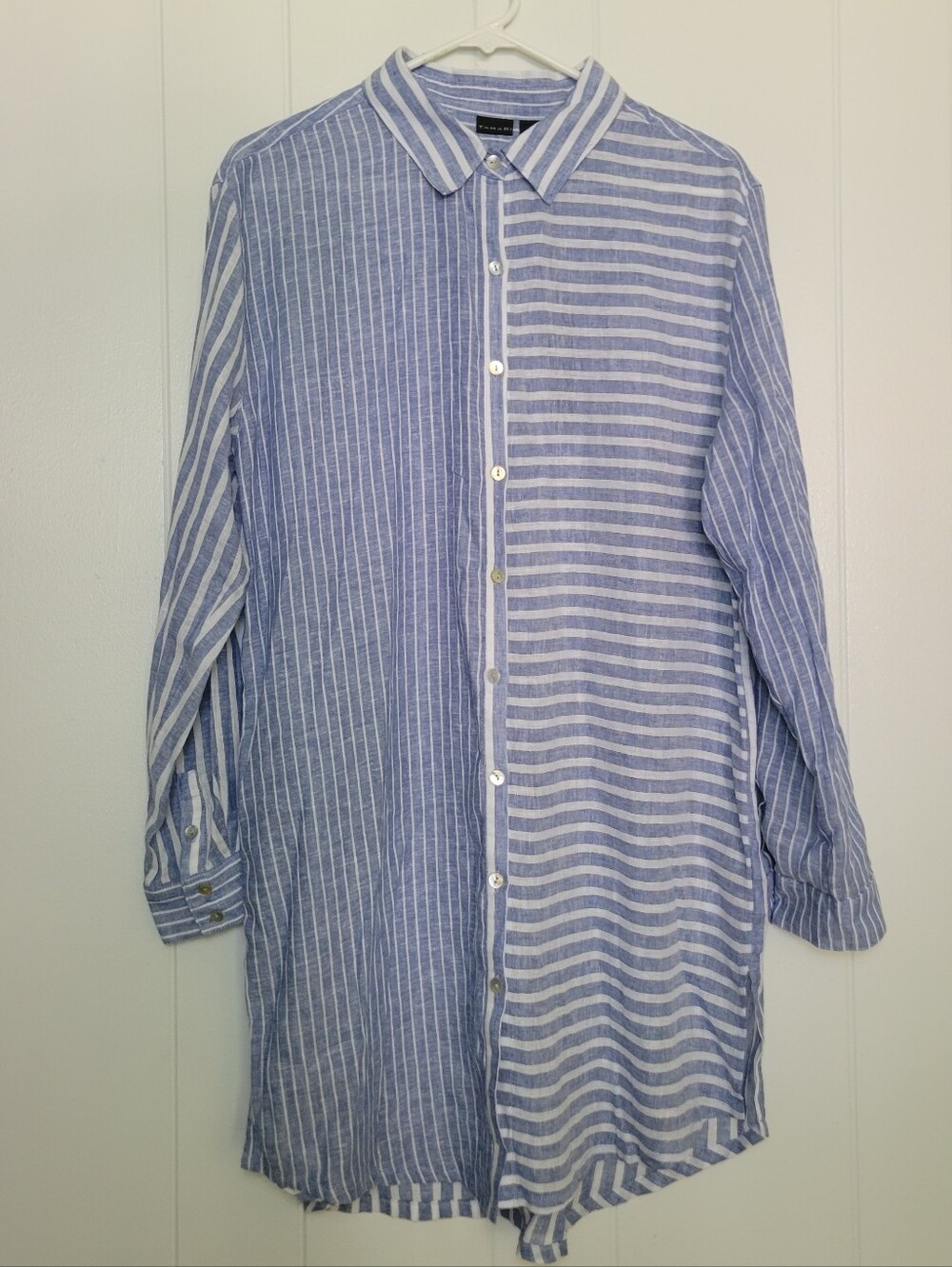 NWT Tahari Linen Blend Swimsuit Cover Up Button Tunic Shirt Blue White Stripe L